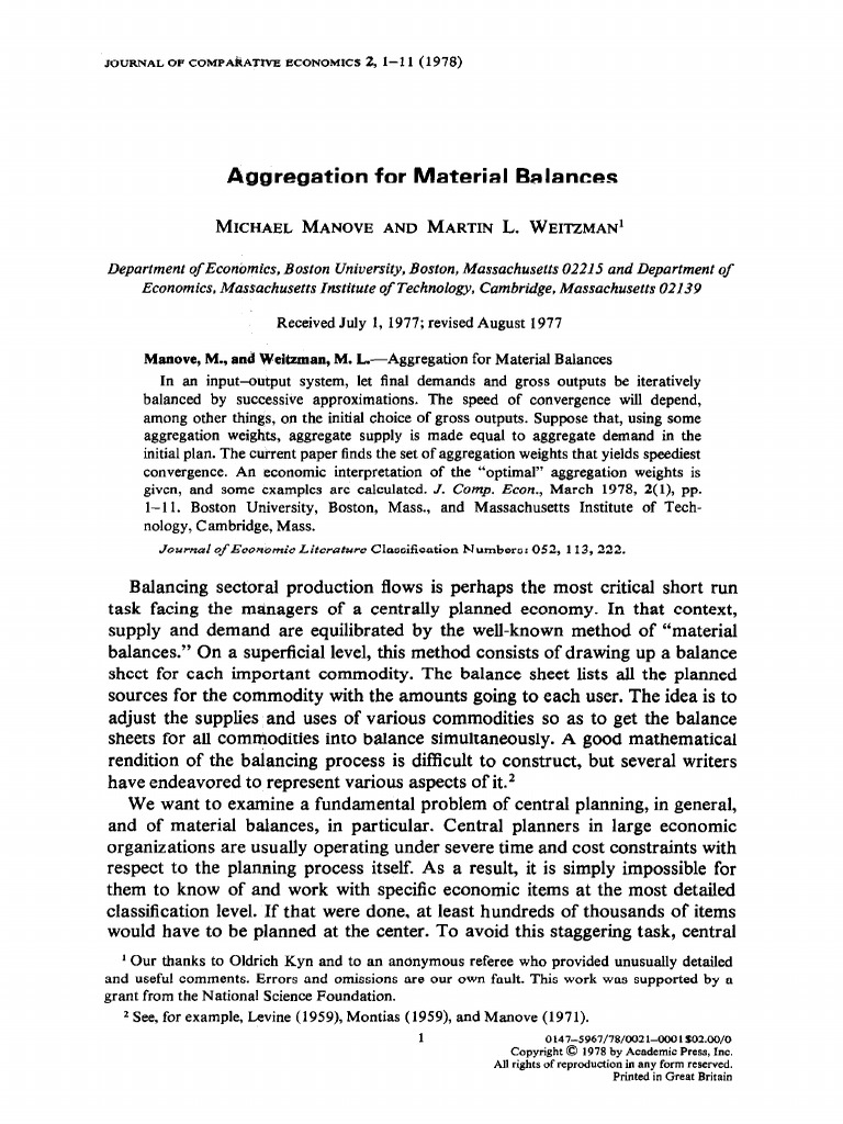 Aggregation For Material Balances Michael Manove AND Martin Weitzman