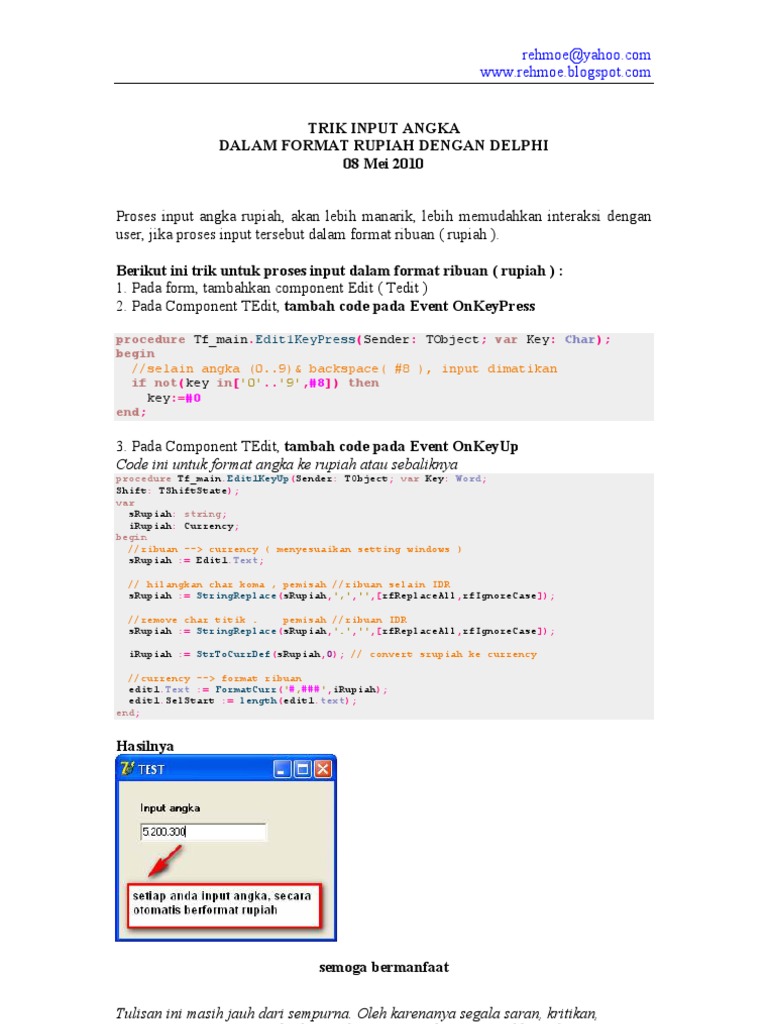 Trik Input Angka Dalam Format Rupiah Menggunakan Delphi | PDF | Komputer