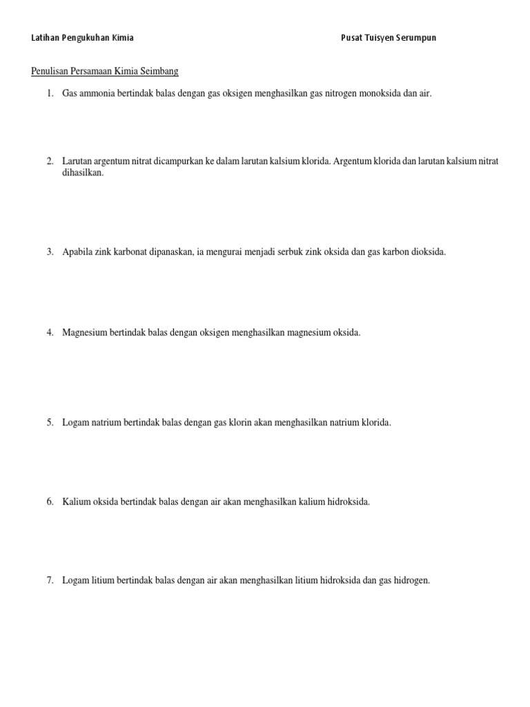 Latihan Pengukuhan Persamaan Kimia Tingkatan 4