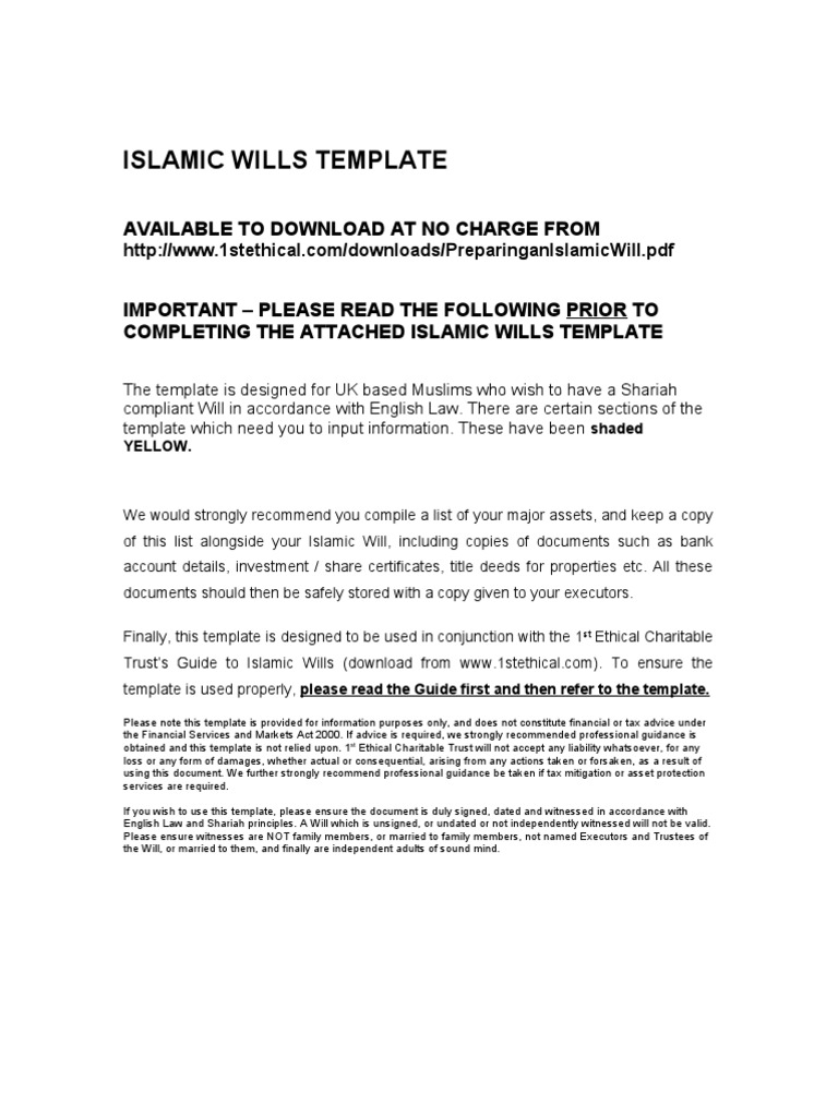 islamic wills template: available to download at no charge from