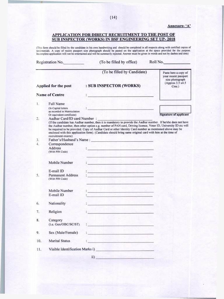 Official BSF Application Form 2018 PDF