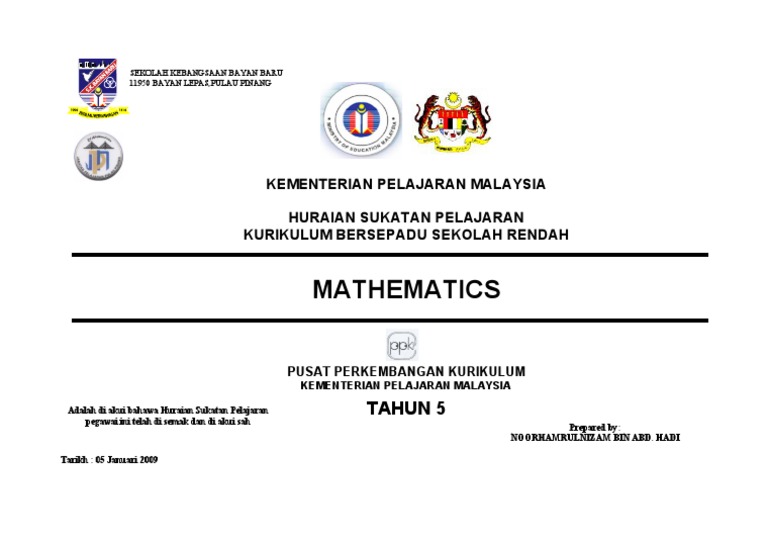 Mathematics Kementerian Pelajaran Malaysia Huraian Sukatan Pelajaran Kurikulum Bersepadu Sekolah Rendah