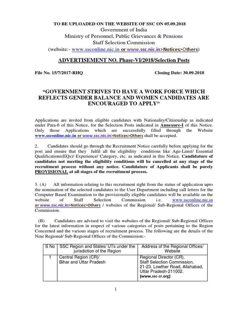 SSC Selection Posts Phase VI 2018 PDF | PDF