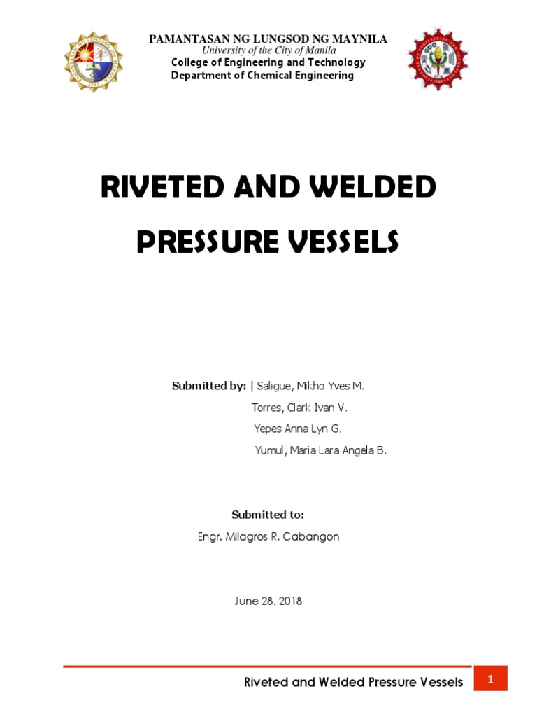 Riveted and Welded Pressure Vessels Pamantasan NG Lungsod NG Maynila