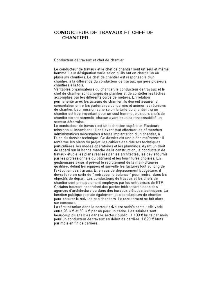 Conducteur de travaux vs Chef de chantier PDF Économie Business — free download