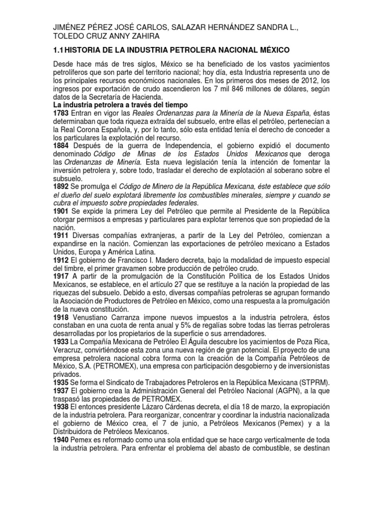Historia de La Industria Petrolera Nacional México | PDF | Petróleo ...