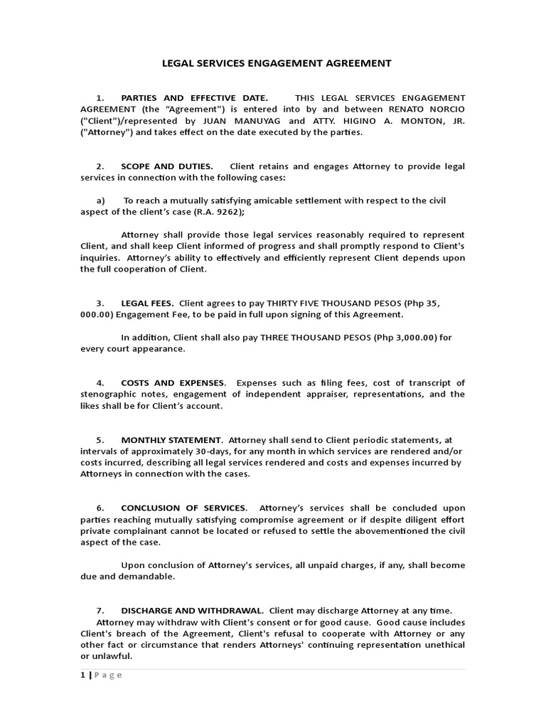 Legal Services Engagement Agreement Lawyer Guarantee