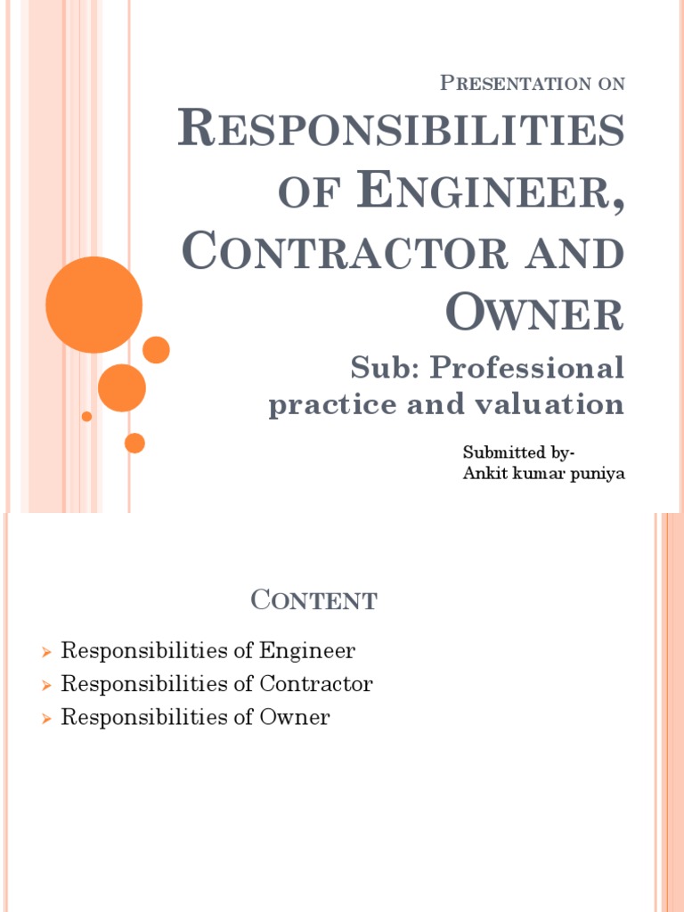 Responsibilities of Engineer, Contractor and Owner Specification (Technical Standard) Engineer