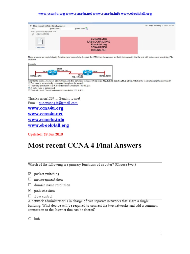 Most Recent CCNA 4 Final Answers | PDF | Routing | Router (Computing)
