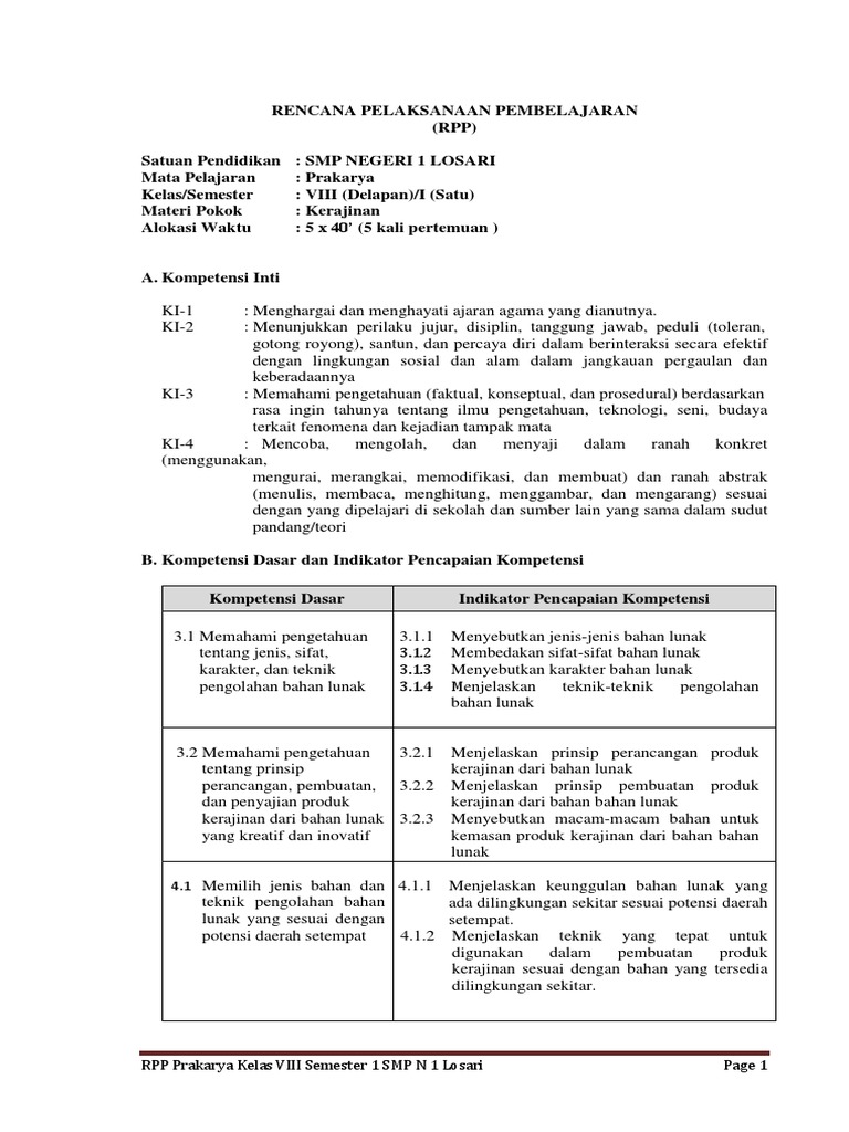 Rpp Prakarya K8 Bab 1 Kerajinan