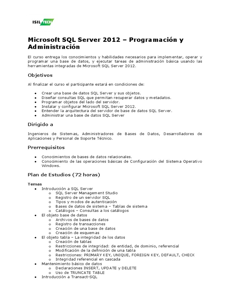 Curso SQL Server 2012: Programación y Administración | PDF | Servidor ...
