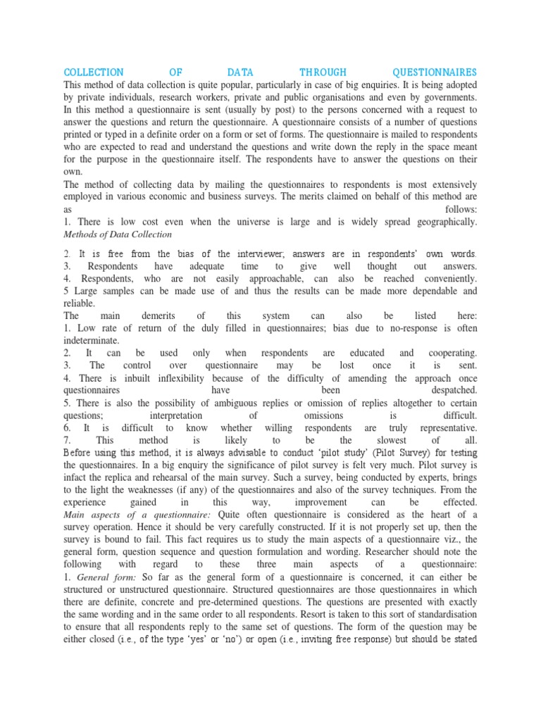 Collection Of Data Through Questionnaires Pdf Questionnaire Question
