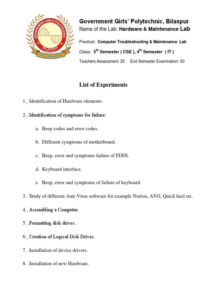 Computer Troubleshooting & Maintenance Lab | PDF