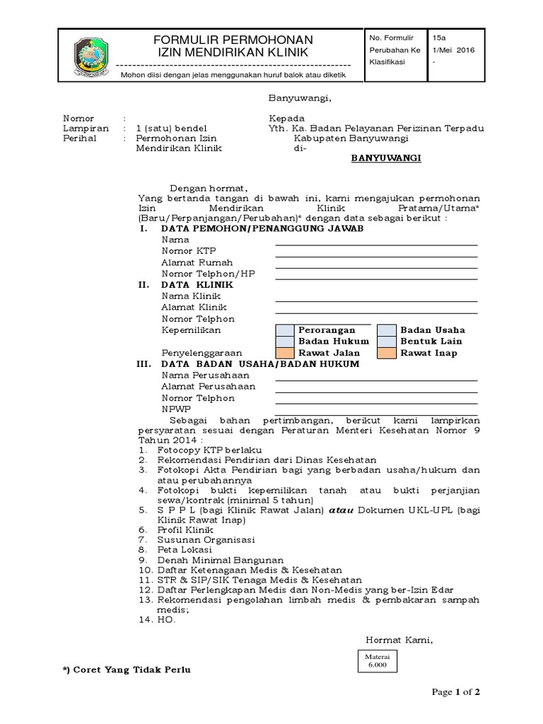Contoh Surat Permohonan Izin Mendirikan Klinik - Contoh 