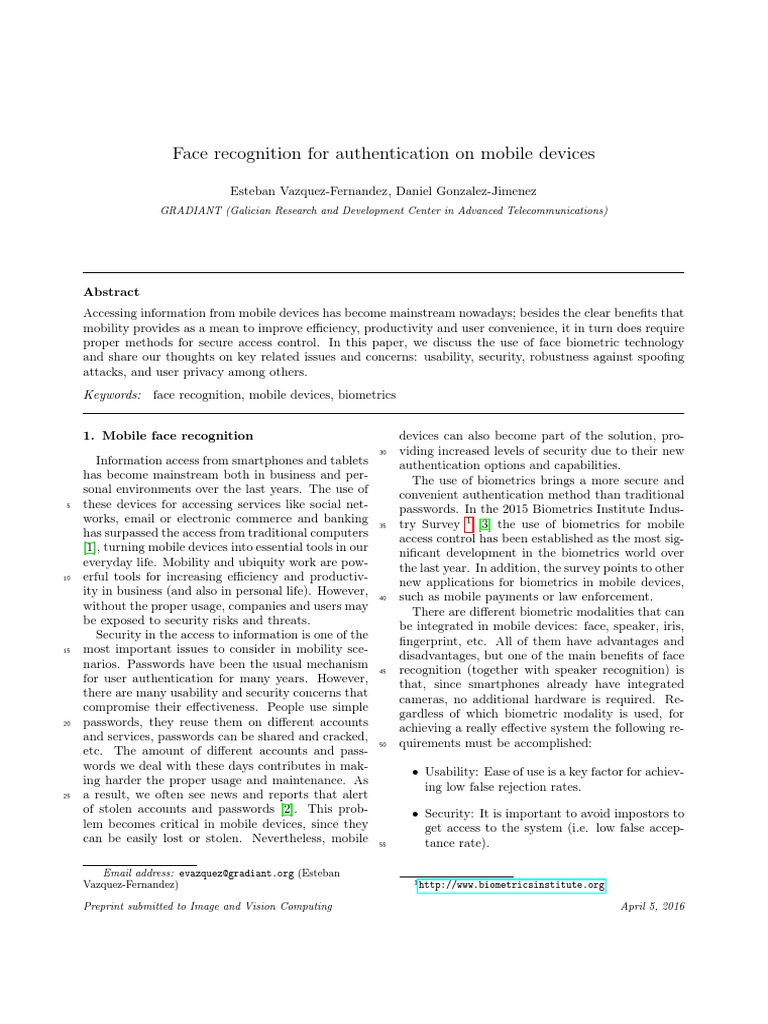 Face Recognition For Authentication On Mobile Devices | PDF ...