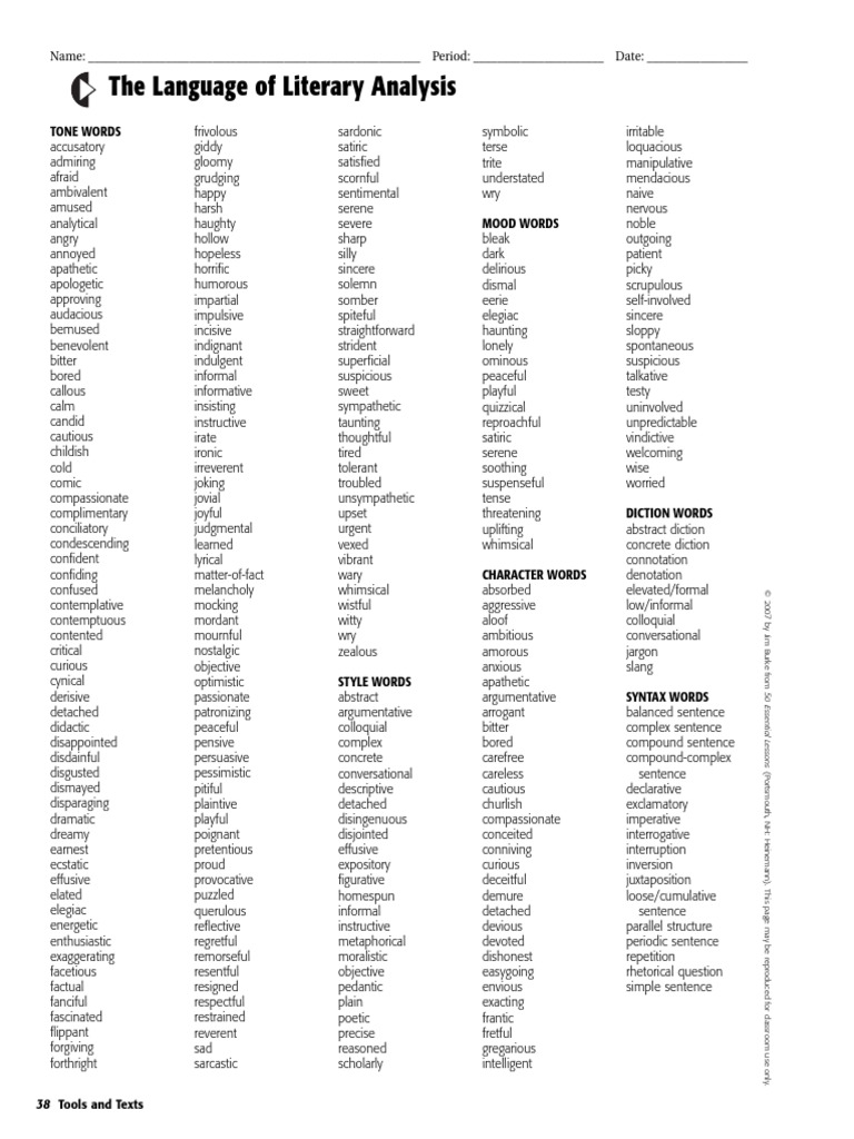 The Language of Literary Analysis Tone Words PDF Writing Cognition