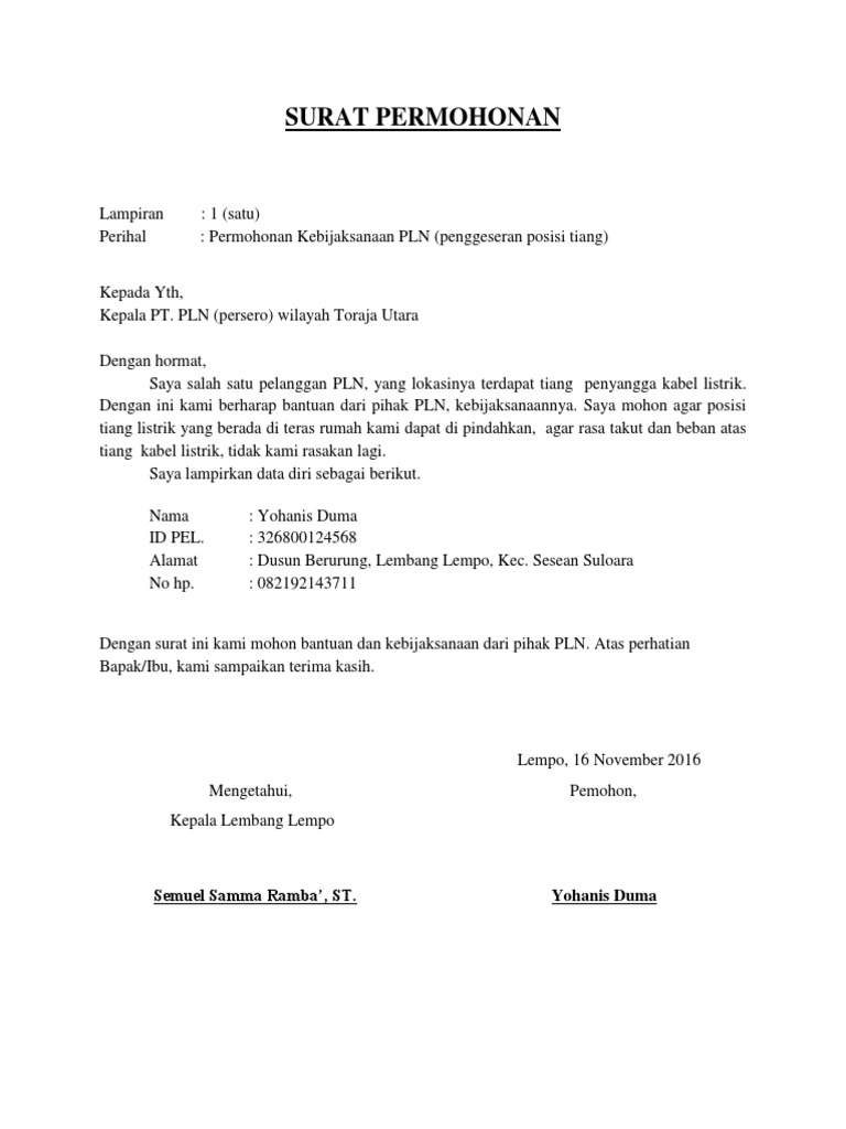 Surat Permohonan Geser Tiang Listrik