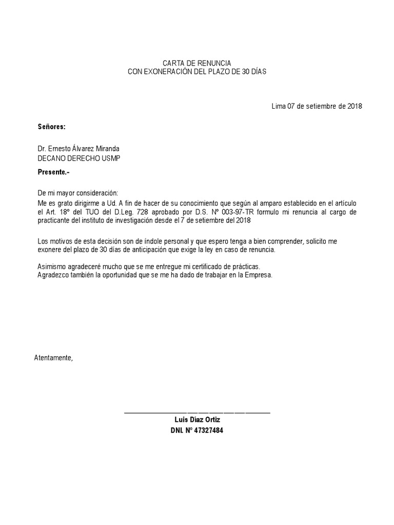 Carta Renuncia Exoneracion 30 Días Pdf