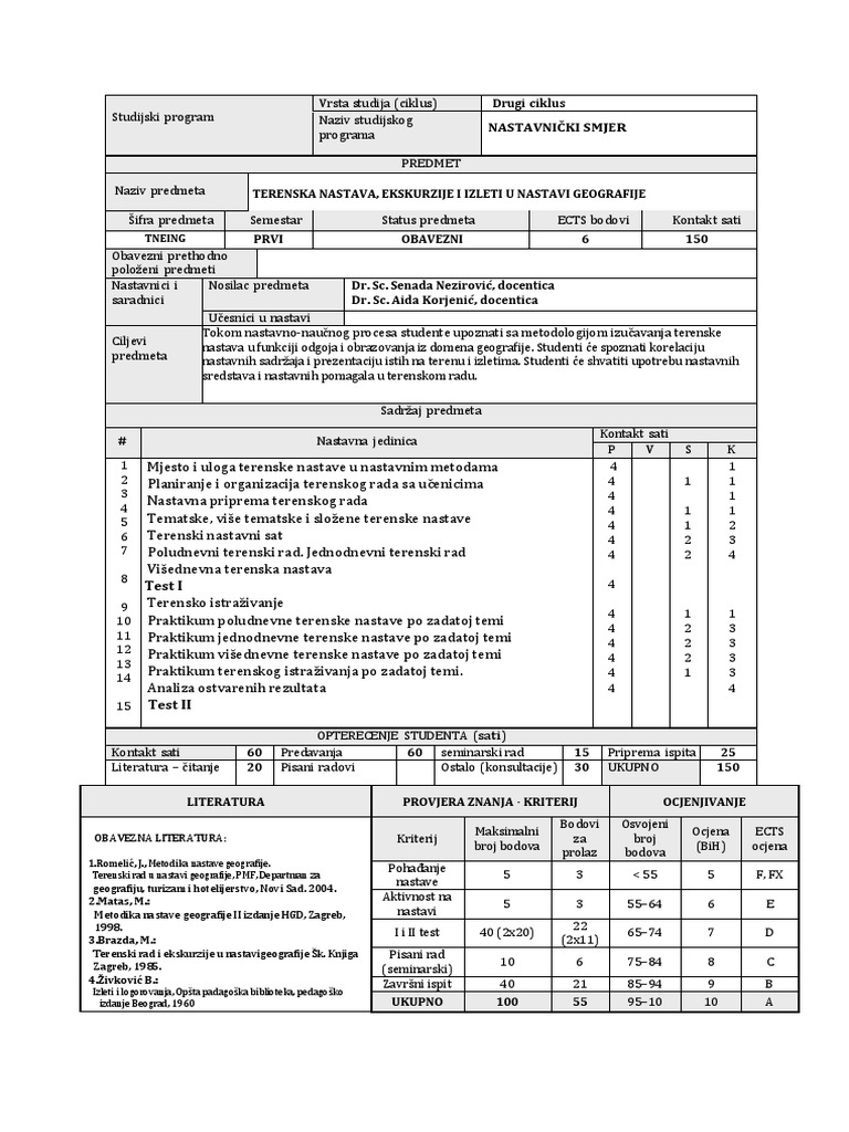 Terenska Nastava Ekskurzije I Izleti U Nastavi Geografije NS | PDF