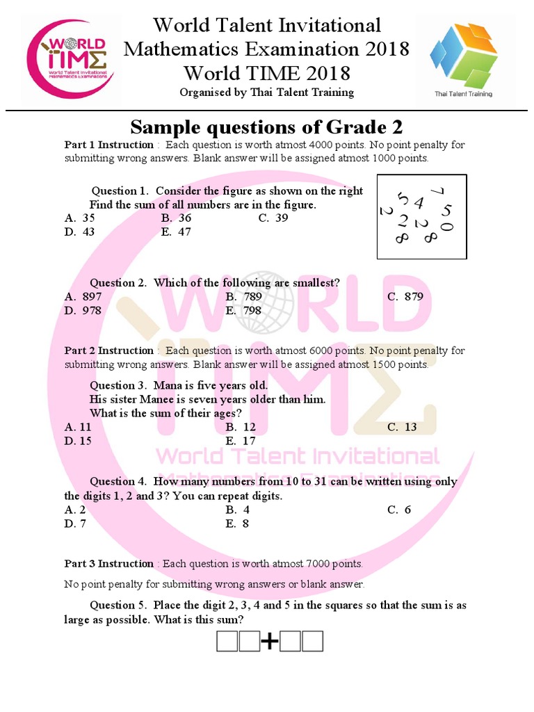 Grade 3 Math Exam Sample Questions | PDF | Fraction (Mathematics) | Numbers