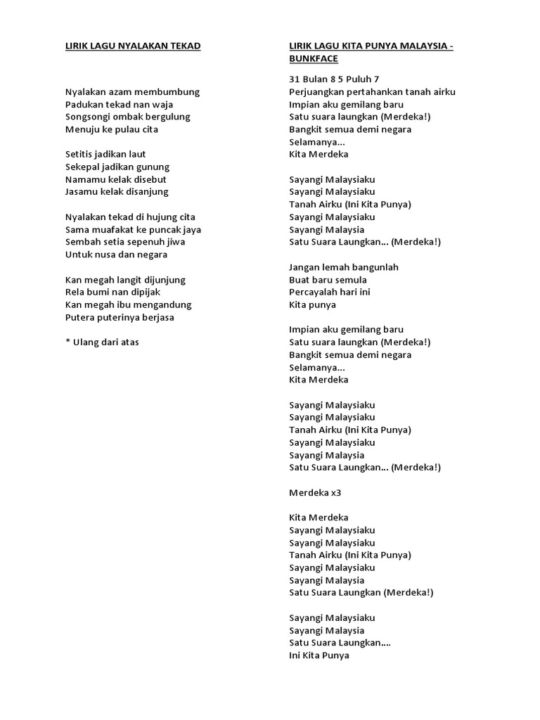 Lirik Lagu Nyalakan Tekad Lirik Lagu Kita Punya Malaysia