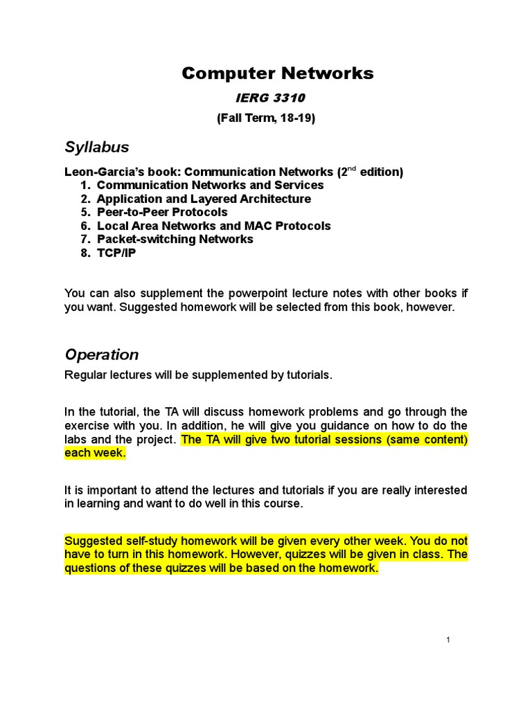 Course Outline (Sep 2018) | PDF | Lecture | Computer Network