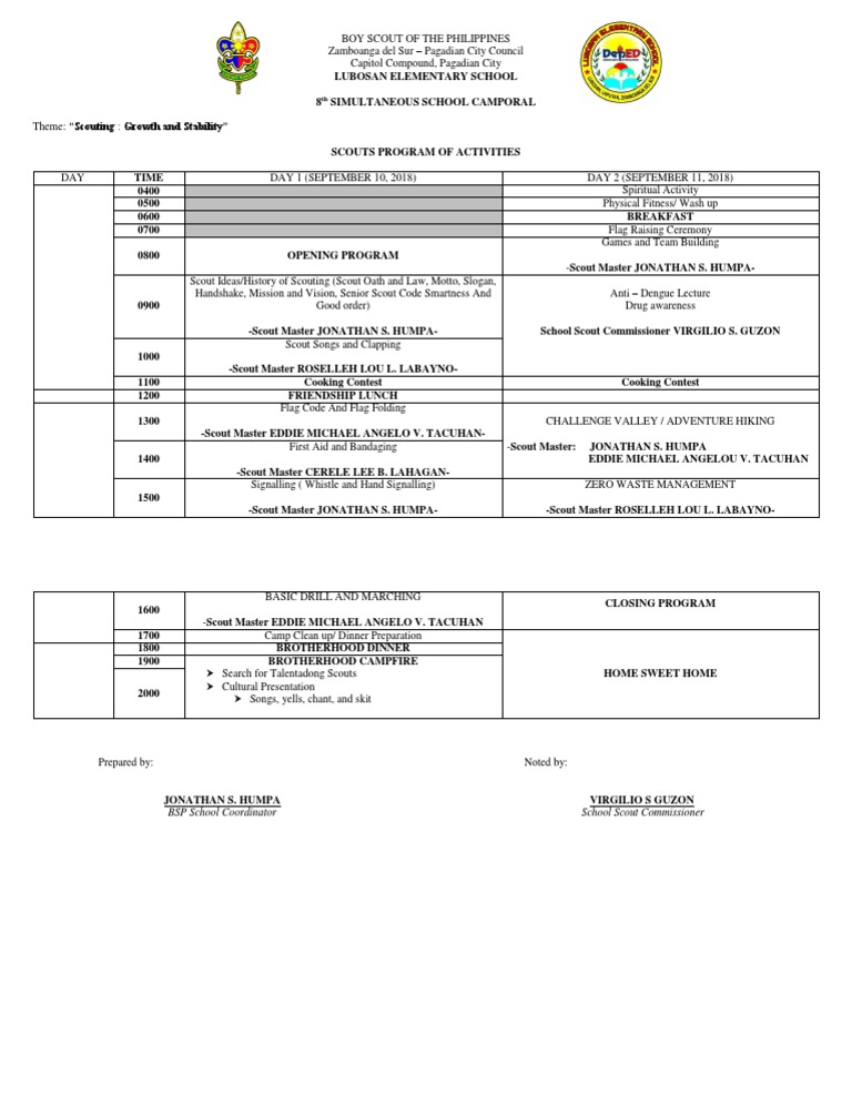 BSP Camporal Activities Schedule | PDF | Scouting | Outdoor Recreation ...