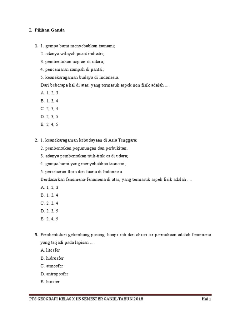 Soal Pts Geografi Kelas X Ganjil