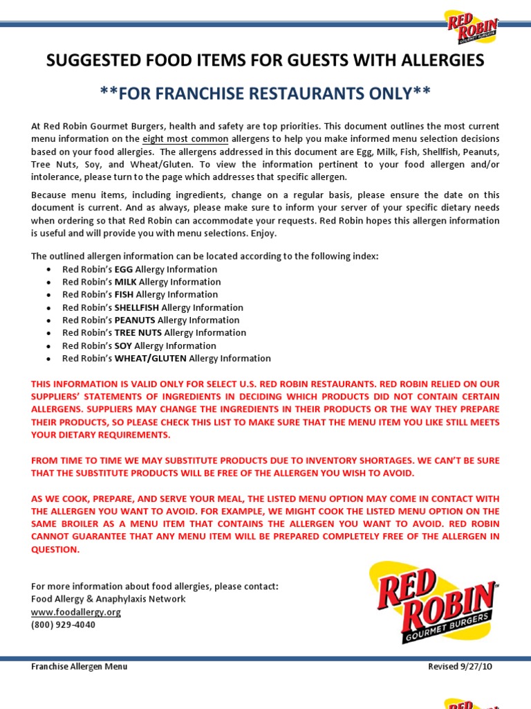 Red Robin Allergens FP Hamburgers Food Allergy
