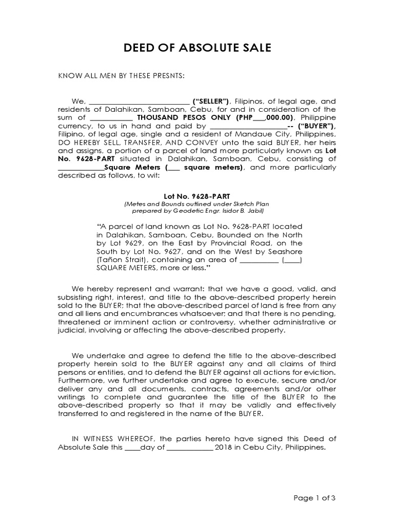 Deed of Absolute Sale (Multiple Sellers) Deed Land Lot