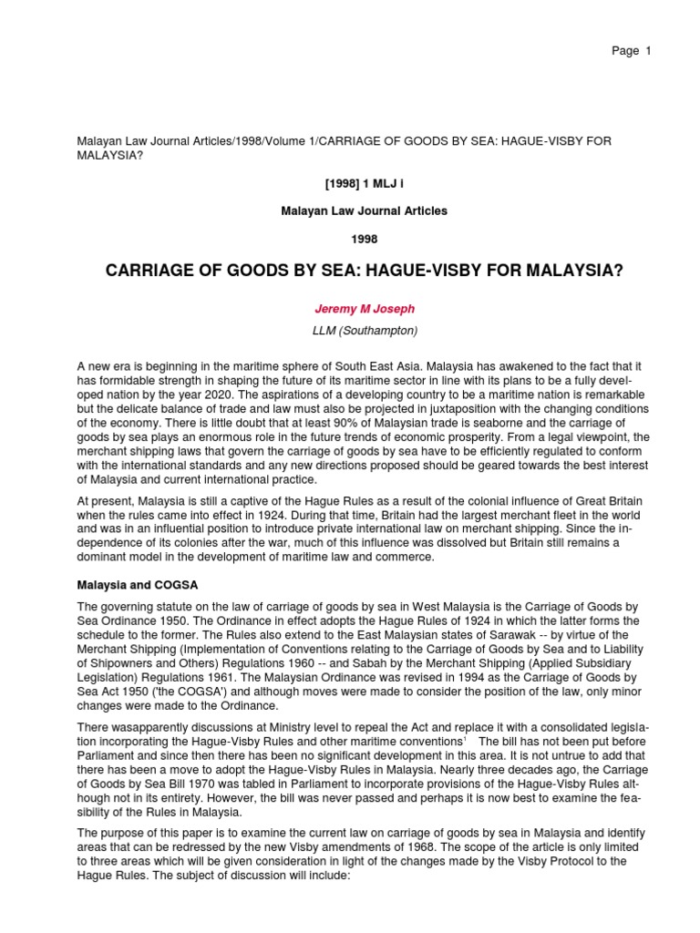 Carriage Of Goods By Sea Hague Visby For Malaysia Pdf Bill Of Lading Cargo