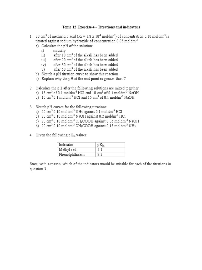 Topic 12 Exercise 4 Titrations and Indicators
