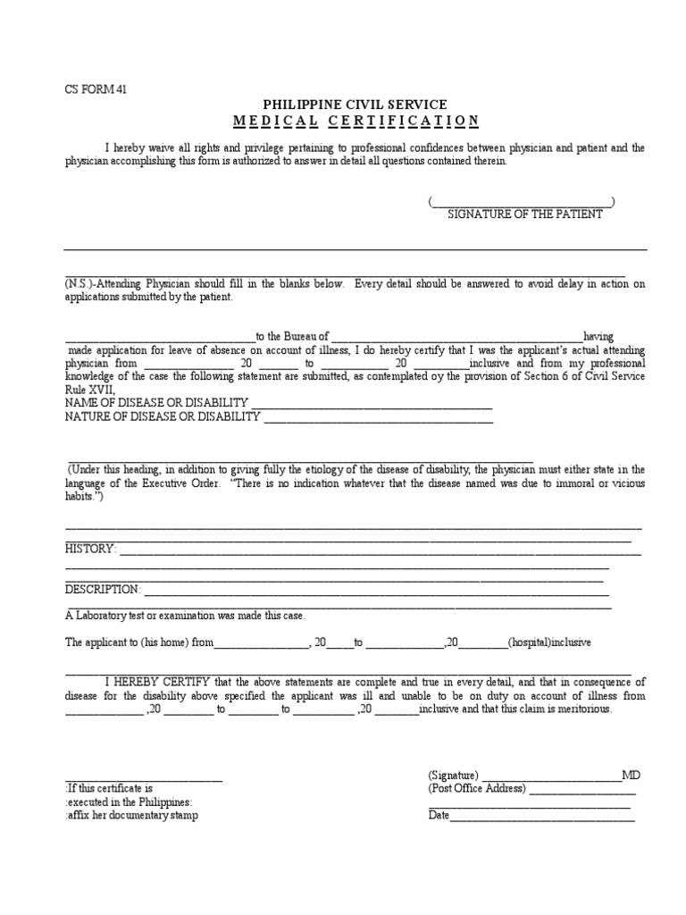 CS Form 41 CSC Medical Certification | Health Sciences | Wellness