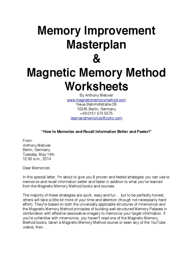 Memory Improvement Master Plan and Worksheets PDF | PDF | Memory ...