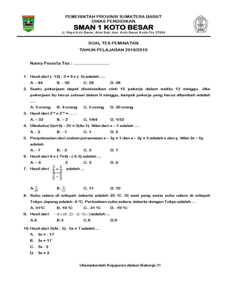 Soal Tes Peminatan Tp 2018 2019 Docx