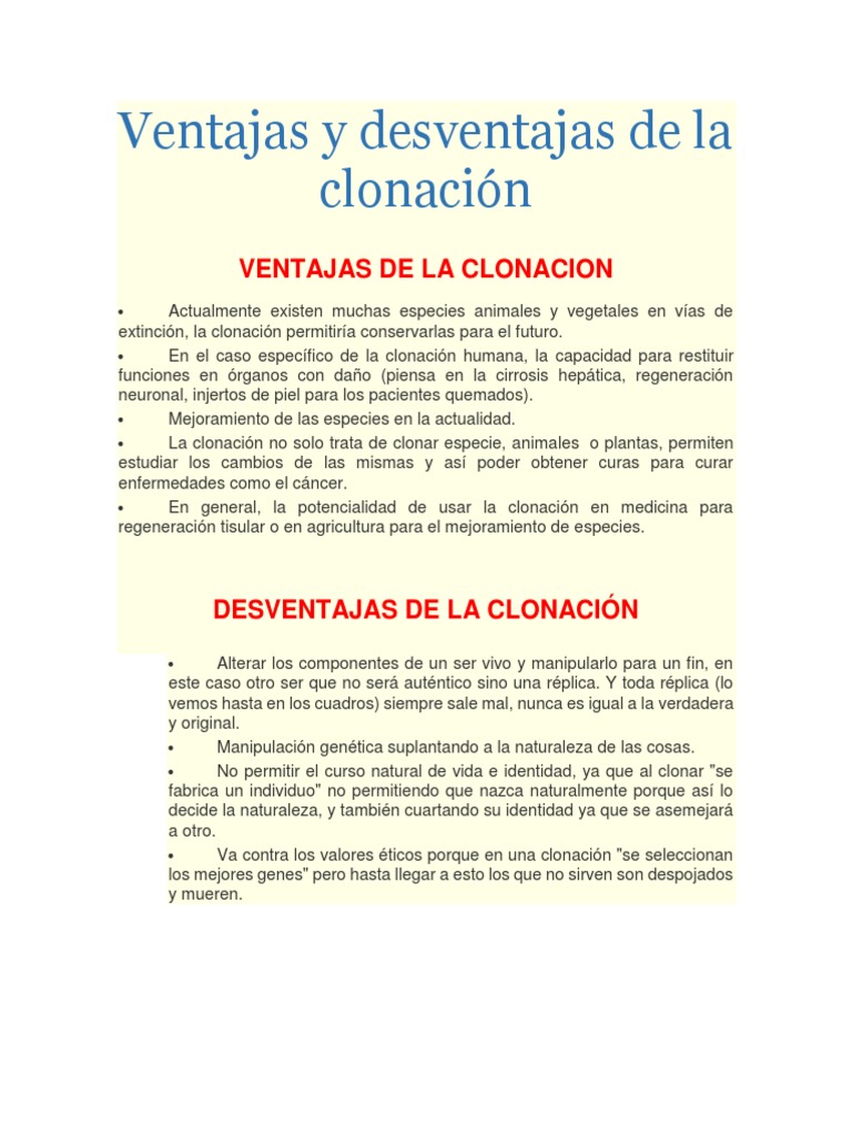 Ventajas y Desventajas de La Clonación | PDF | Clonación | Cáncer