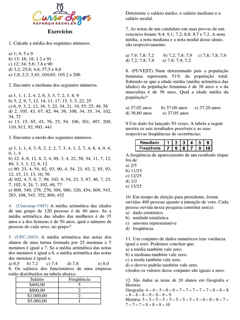Exercícios de Estatística 8º Ano | PDF | Média | Modo (Estatística)