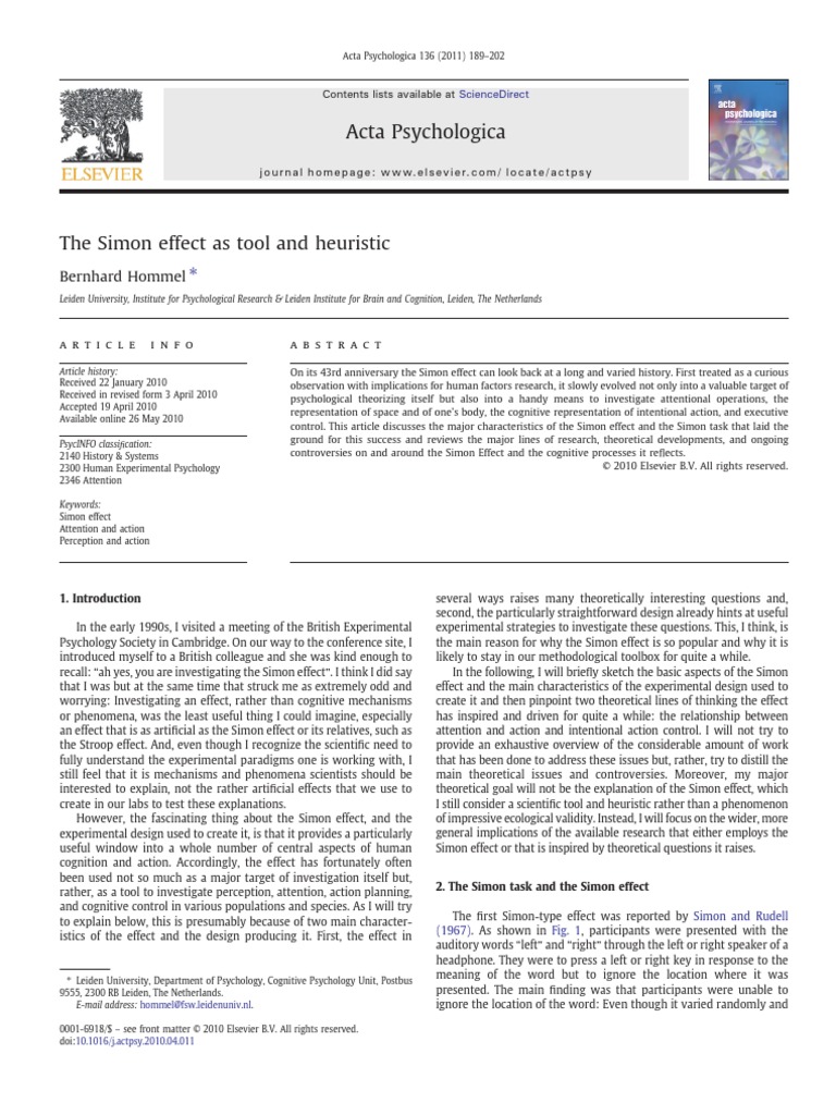 The Simon Effect As Heuristic And Tool Pdf Attention Stimulus