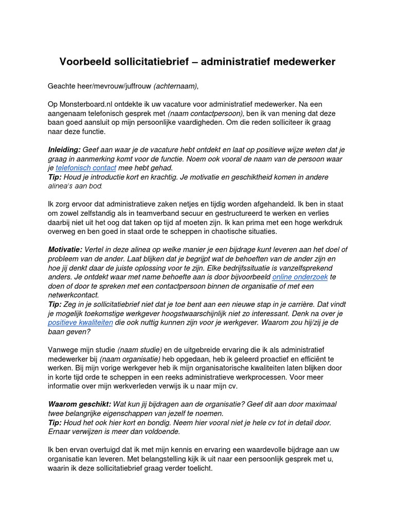 Voorbeeld Sollicitatiebrief Administratief Medewerker Monsterboard Pdf