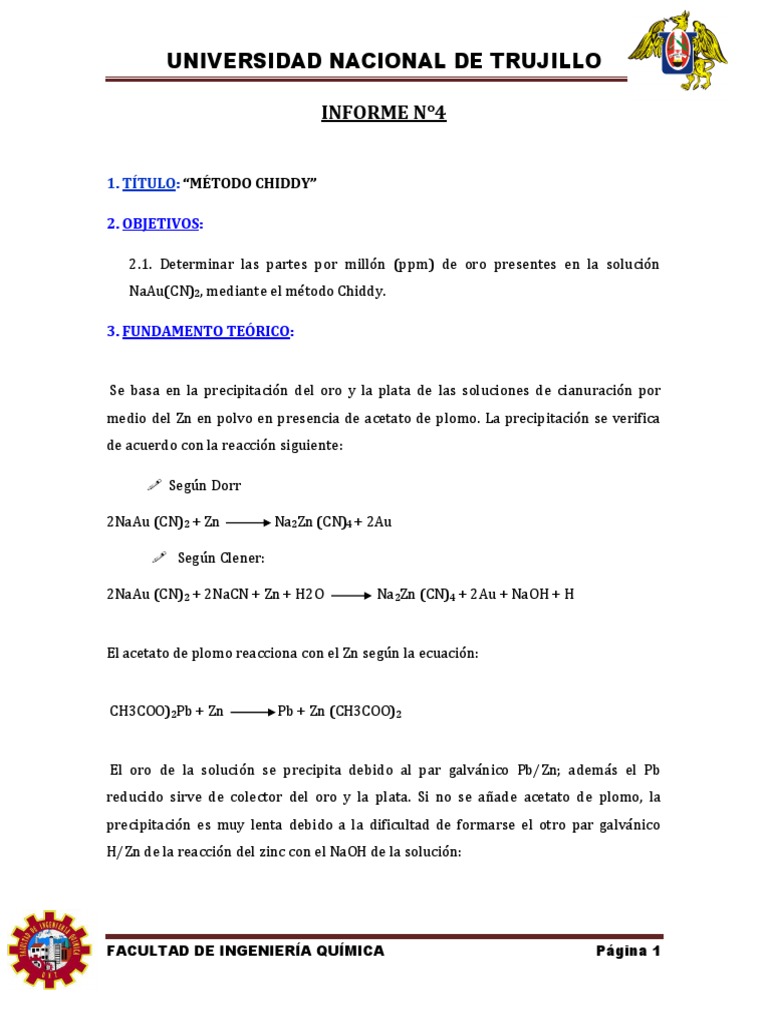 INFORME N 4 METODO CHIDDY Final PDF | PDF | Oro | Dirigir