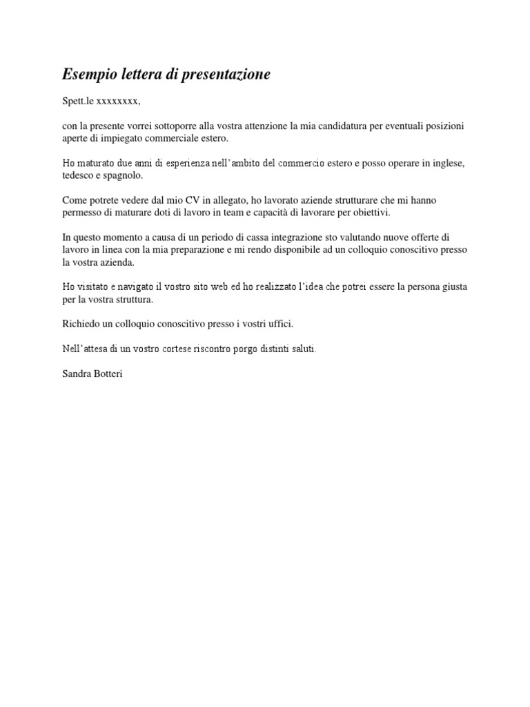 Esempio Lettera Di Presentazionedocx