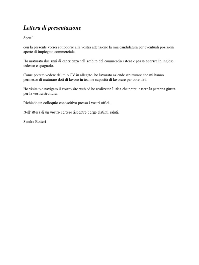 Esempio Lettera Di Presentazione