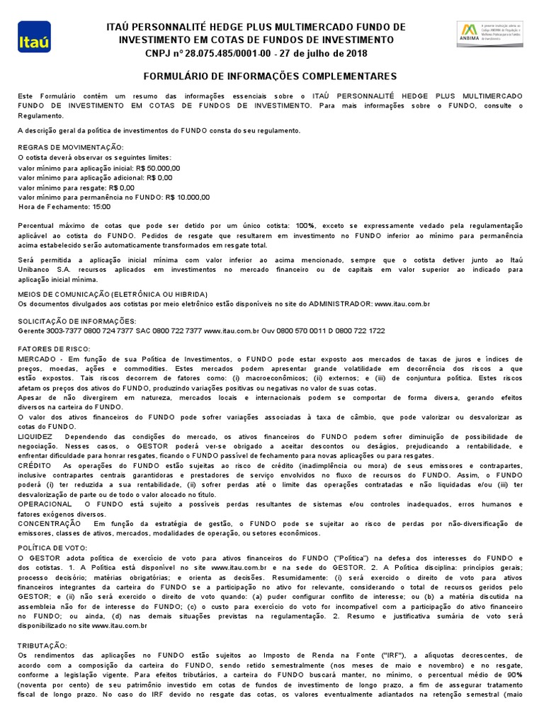 Informações sobre o Fundo Itaú Hedge Plus | PDF | Risco | Investimentos