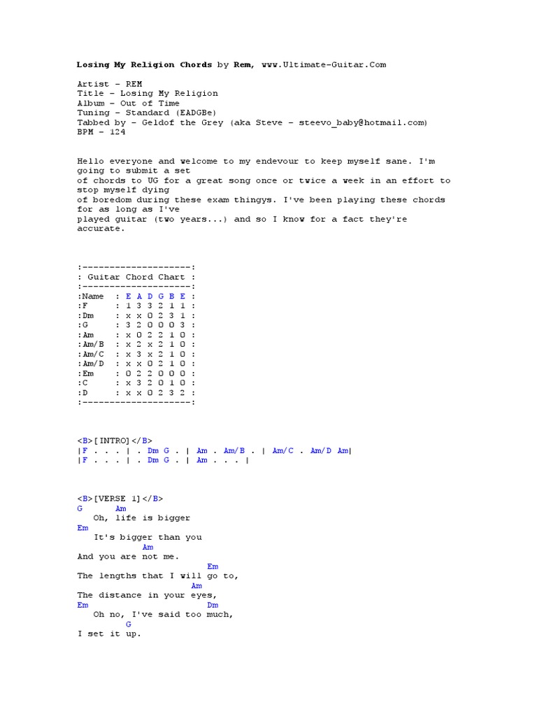 Losing My Religion Chords by Rem PDF Recorded Music Songs