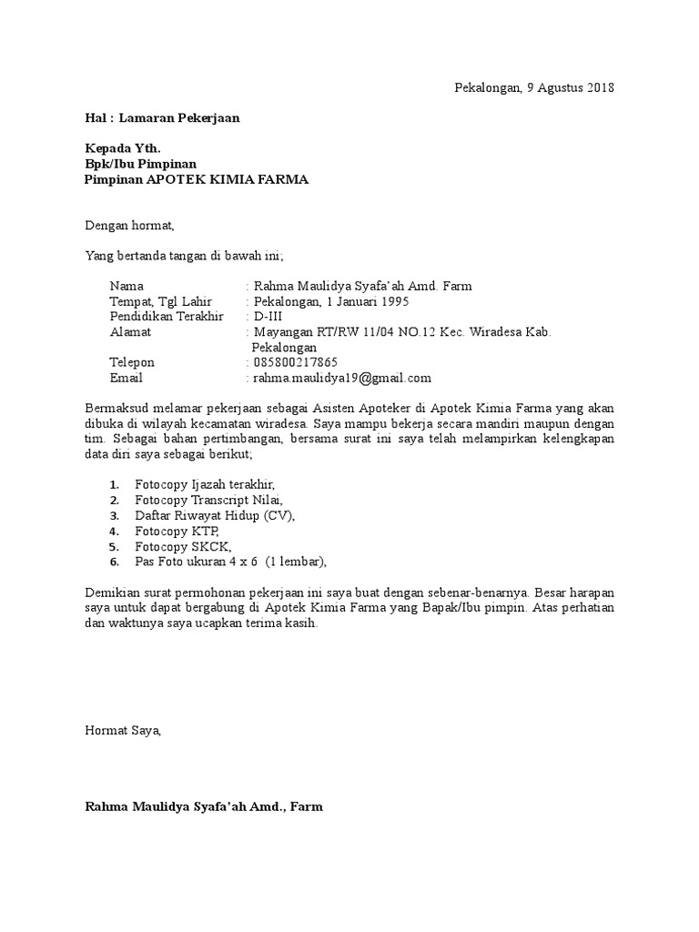 Contoh Surat Lamaran Kerja Rahma