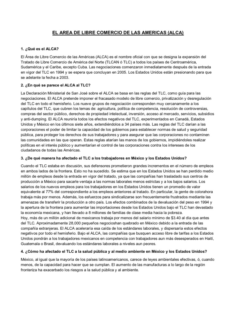 El Area de Libre Comercio de Las Americas-Alca | PDF | Tratado de Libre ...