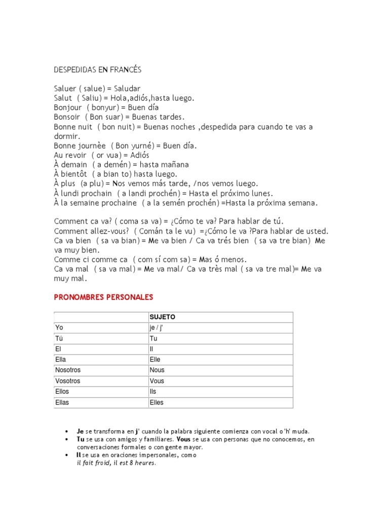 Despedidas y pronombres en francés | PDF | Sintaxis