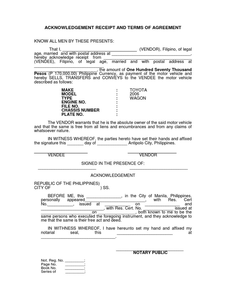 Acknowledgement Receipt for Vehicle Sale | PDF | Business