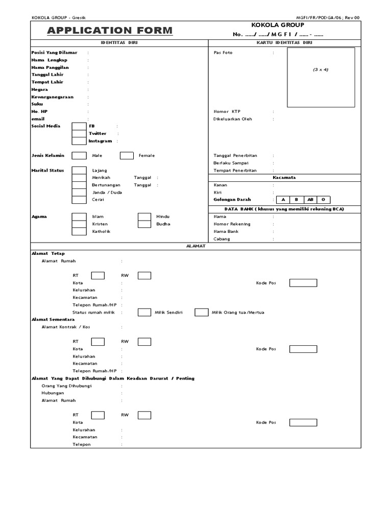 Formulir Lamaran Kerja Kokola Group | PDF