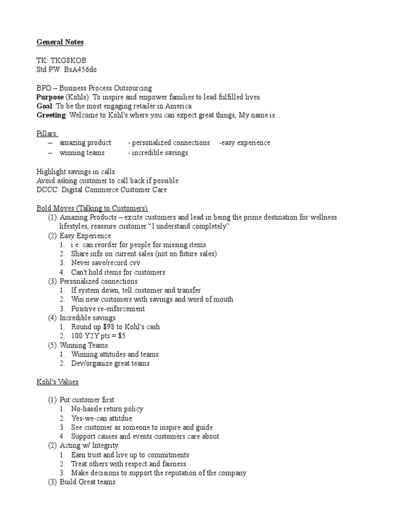 General Notes on Kohl's Business Processes, Policies, and Tools for